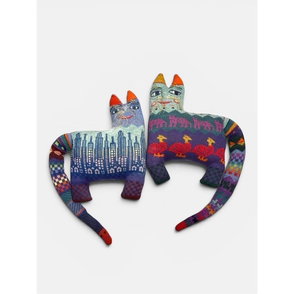 Pair Vintage 1986 Handloomed Wool Folk Art Cat Pillows Soft Sculptures Signed